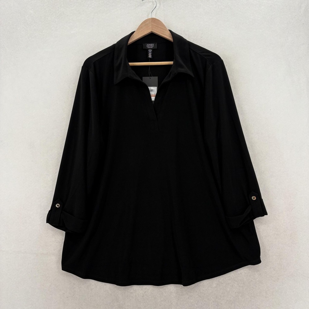 Jones New York Blouse Womens 2X Plus Black Collared 3/4 Roll Tab Tunic Career